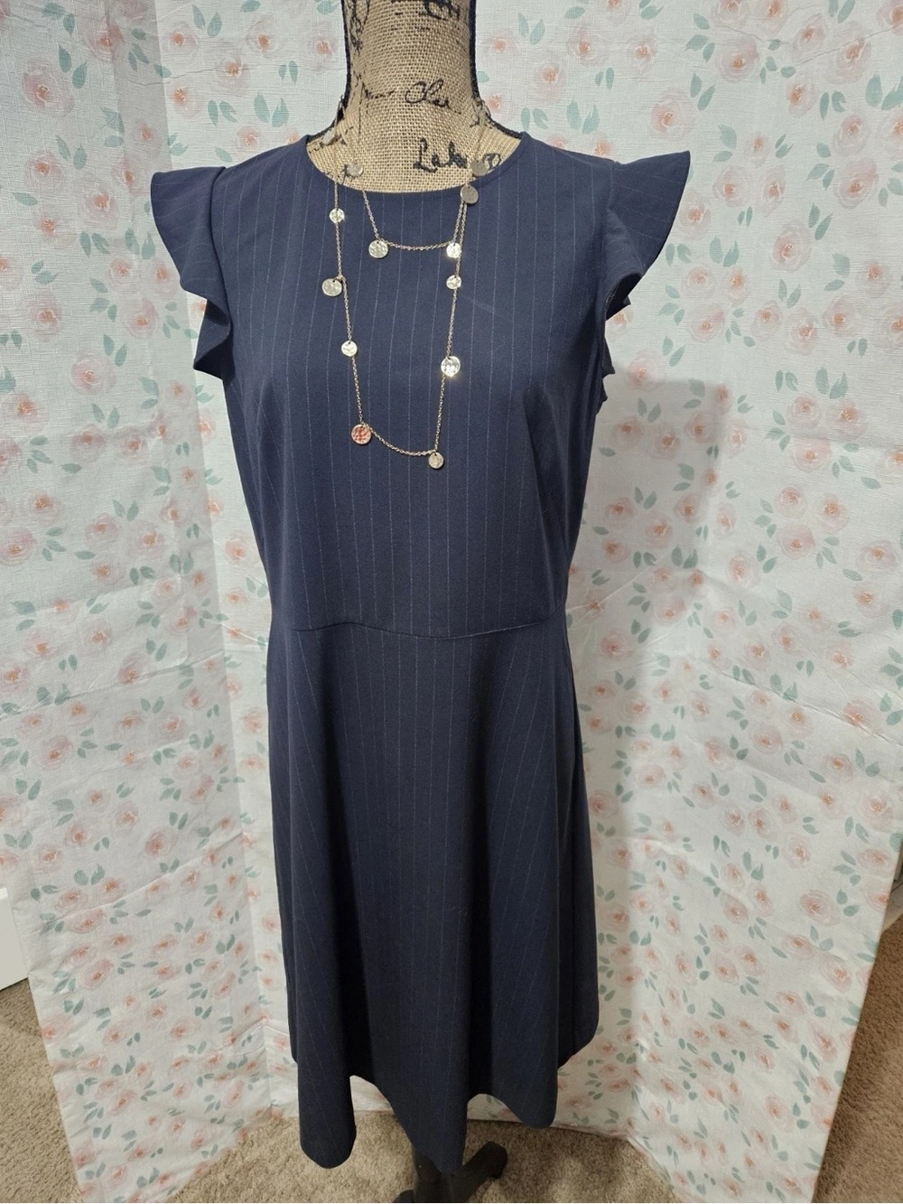 LOFT Navy Pinstripe Flutter Sleeve A-Line Dress